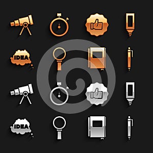 Set Magnifying glass, Marker pen, Pen, Book, Idea, speech bubble, Hand thumb up, Telescope and Stopwatch icon. Vector