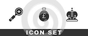 Set Magnifying glass, Money bag with pound and British crown icon. Vector