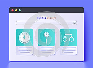 Set Magnifying glass with search, Clock and Handcuffs icon. Vector