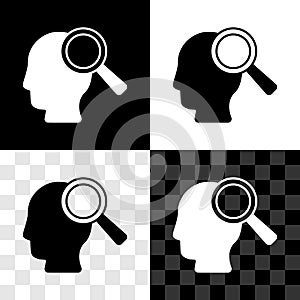 Set Magnifying glass for search a people icon isolated on black and white, transparent background. Recruitment or