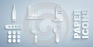 Set Magnifying glass Search, Pepper spray, Password protection, Key, Laptop and lock and Bullet icon. Vector