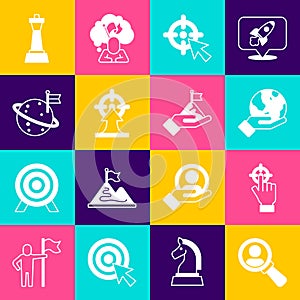 Set Magnifying glass for search, Target, Hand holding Earth globe, Moon with flag, Chess and Mountains icon. Vector