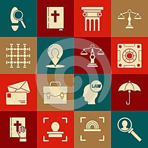 Set Magnifying glass for search, Umbrella, Safe, Law pillar, Map marker with silhouette of person, Prison window