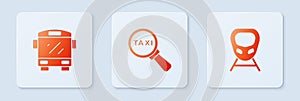 Set Magnifying glass and taxi car, Bus and High-speed train. White square button. Vector