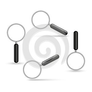 Set of magnifying glasses at different angles realistic 3d magnifier objects vector illustration