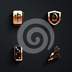 Set Mahjong pieces, Chess, Domino and Dart arrow icon with long shadow. Vector