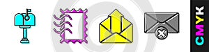 Set Mail box, Postal stamp, Outgoing mail and Delete envelope icon. Vector