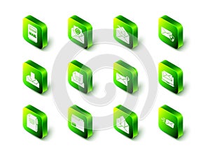 Set Mail and e-mail, Envelope, with shield, Laptop envelope, Express, Outgoing and Document folder icon. Vector