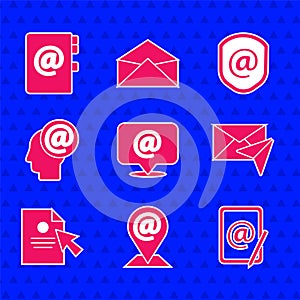 Set Mail and e-mail, Location, Envelope, Document cursor, Shield with and Address book icon. Vector