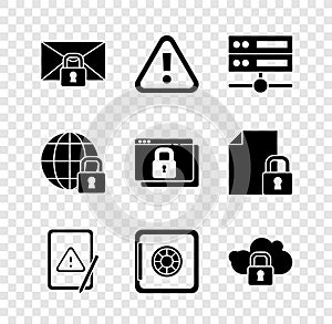 Set Mail message lock password, Exclamation mark in triangle, Server, Data, Web Hosting, Tablet with exclamation, Safe