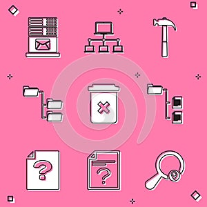 Set Mail server, Computer network, Hammer, Folder tree, Trash can and icon. Vector