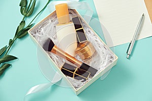 Set of make up cosmetics  on blue background