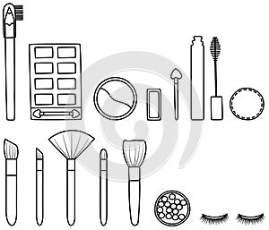 Set of makeup accessories in black lines on white background