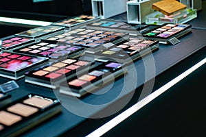 Set of makeup artist, eye shadow and powder for cosmetics and makeup for a beauty salon