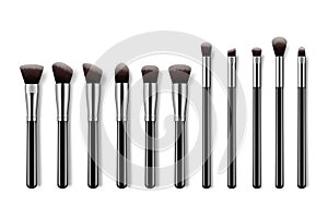 Set of makeup brushes, professional makeup kit concealer powder eyebrush with black handles on colorful pastel background.