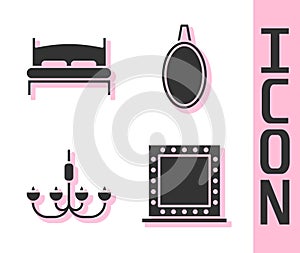 Set Makeup mirror with lights, Big bed, Chandelier and Mirror icon. Vector
