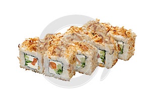 Set of maki sushi in fish shavings, close-up.