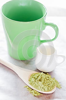 Set of making hot green tea latte drink