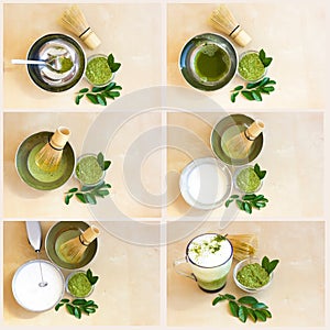 Set Of Making Matcha Tea Cappuccino collage.