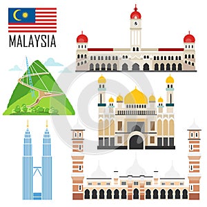 Set with Malaysia landmarks in flat style