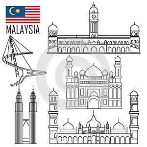 Set with Malaysia landmarks in outline style