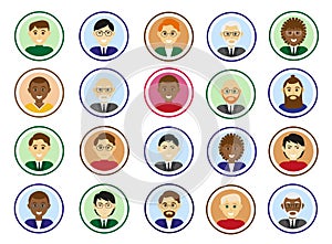 Set of male avatars. Different races men faces in round frames . Flat vector illustrations collection.
