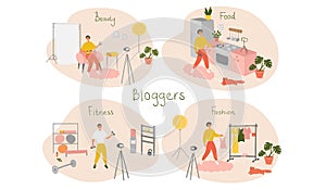 Set of male bloggers and vloggers characters making internet content. Men creating video for their blog channel