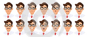 Set of male character`s different facial expression. Collection of young man`s various emotions or emoji. Collage of human.