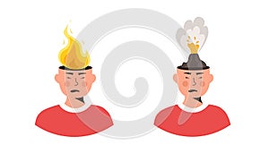 Set of male characters head in fire vector flat illustration. Man or woman feeling stress at work, anger. Concept of