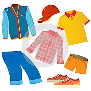 Set of male clothing. Tee shirt, shorts, shirt, jeans, sneakers and baseball cap. Vector illustration for kids