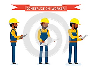 Set of male construction worker, the worker looks at the tablet, plan and logs.