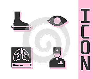 Set Male doctor, Flat foot, Lungs x-ray and Blindness icon. Vector