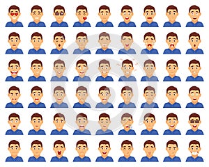 Set of male emoji characters. Cartoon style emotion icons. Isolated boys avatars with different facial expressions. Flat