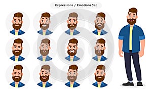 Set of male facial different expressions. Man emoji character with different emotions. Emotions and body language concept illustra