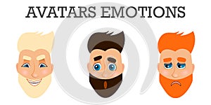 Set of male facial emotions. Bearded man emoji character with different expressions
