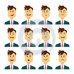 Set of male facial emotions. Bearded man emoji character with different expressions. Vector illustration in cartoon