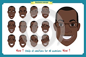 Set of male facial emotions. Black American man emoji