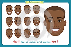 Set of male facial emotions. Black American man emoji