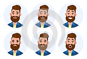 Set of male facial emotions. Different male emotions set. Man emoji character with different expressions. Human emotion - Vector