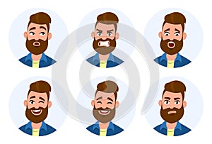 Set of male facial emotions. Different male emotions set. Man emoji character with different expressions. Human emotion - Vector