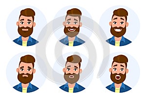 Set of male facial emotions. Different male emotions set. Man emoji character with different expressions. Human emotion - Vector photo