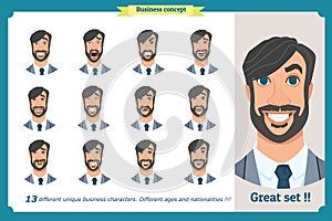 Set of male facial emotions. Flat cartoon character. Businessman in a suit and tie. business people in round icons. Isolated vecto