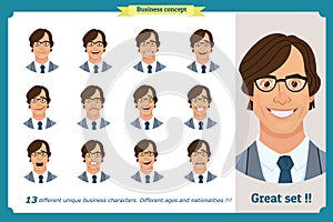 Set of male facial emotions. Flat cartoon character. Businessman in a suit and tie. business people in round icons. Isolated vecto