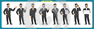 Set of male facial emotions. Flat cartoon character. Businessman in a suit and tie. business people in round icons. vector