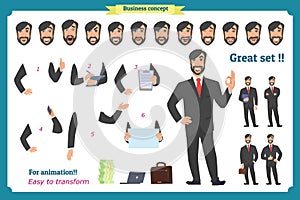 Set of male facial emotions.Flat cartoon character. Businessman in a suit and tie. business people in round icons. vector