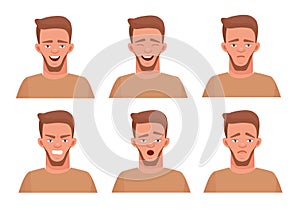 Set of male facial emotions. Guy dude emoji character with different expressions. Vector illustration in cartoon style