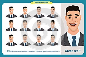 Set of male facial emotions. Young business man character with different expressions.Vector flat illustration in cartoon style. photo