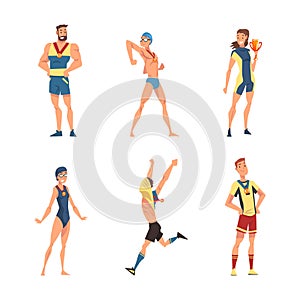 Set of male and female athletes with award cups and medals set. Sports competition winners cartoon vector illustration