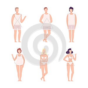 Set of male and female body shape types. Women and men in underwear with triangle, hourglass, rounded, Inverted triangle