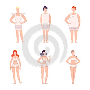 Set of male and female body shape types. Women and men in underwear with various figure type cartoon vector illustration